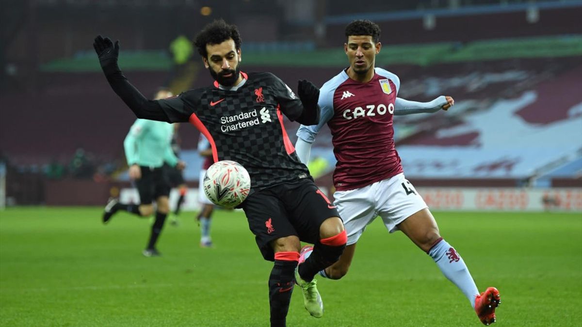 Mohamed Salah of Liverpool under pressure from Callum Rowe of Aston Villa during the FA Cup Third Round match between Aston Villa and Liverpool at Villa Park on January 08, 2021