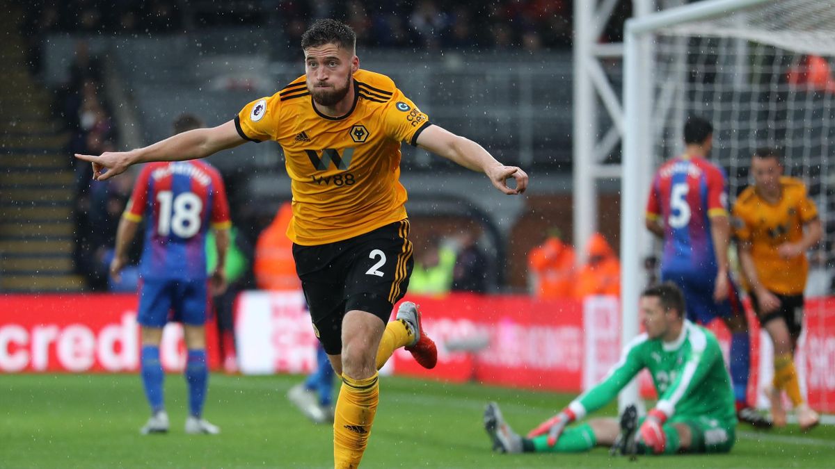 Matt Doherty of Wolverhampton Wanderers celebrates after scoring his team's first goal during the Premier League match between Crystal Palace and Wolverhampton Wanderers at Selhurst Park on October 6, 2018 in London, United Kingdom