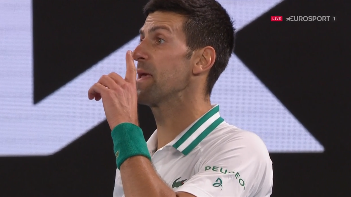 Novak Djokovic appeals for silence during the Australian Open final with Daniil Medvedev