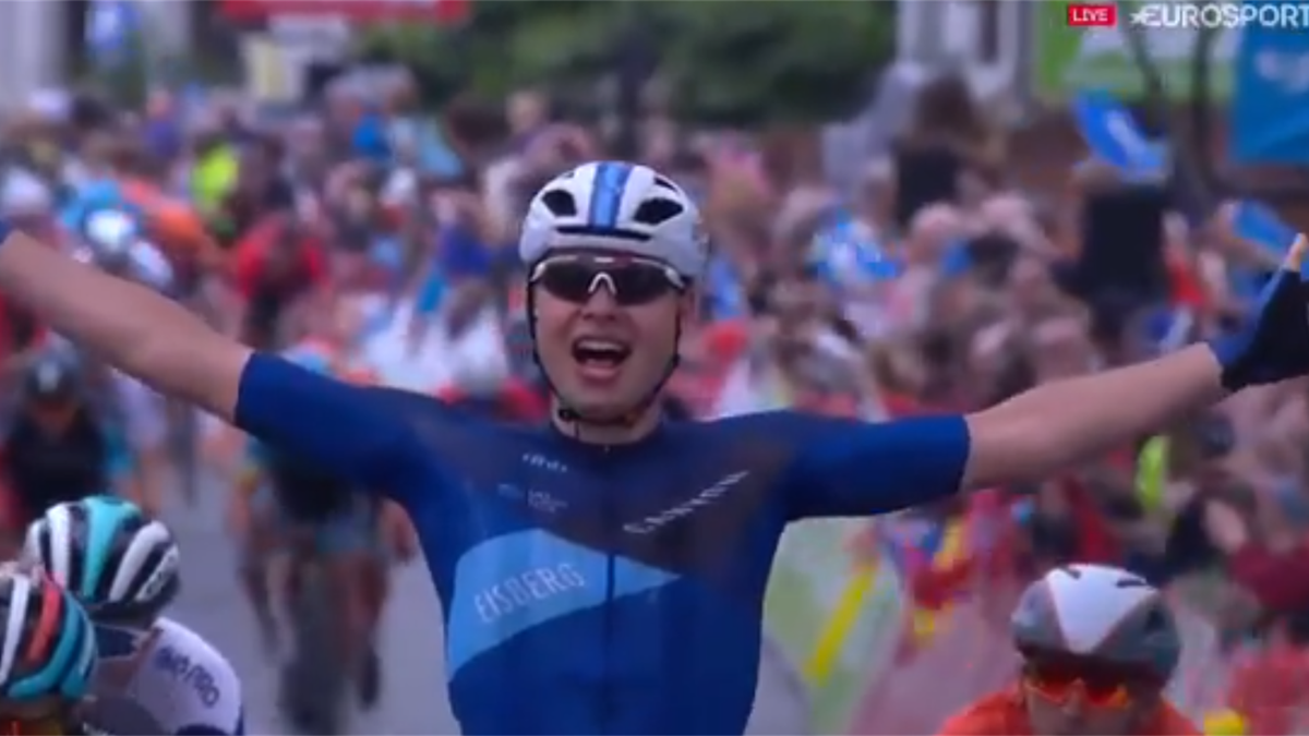 Harry Tanfield celebrates winning Stage 1 of the Tour de Yorkshire