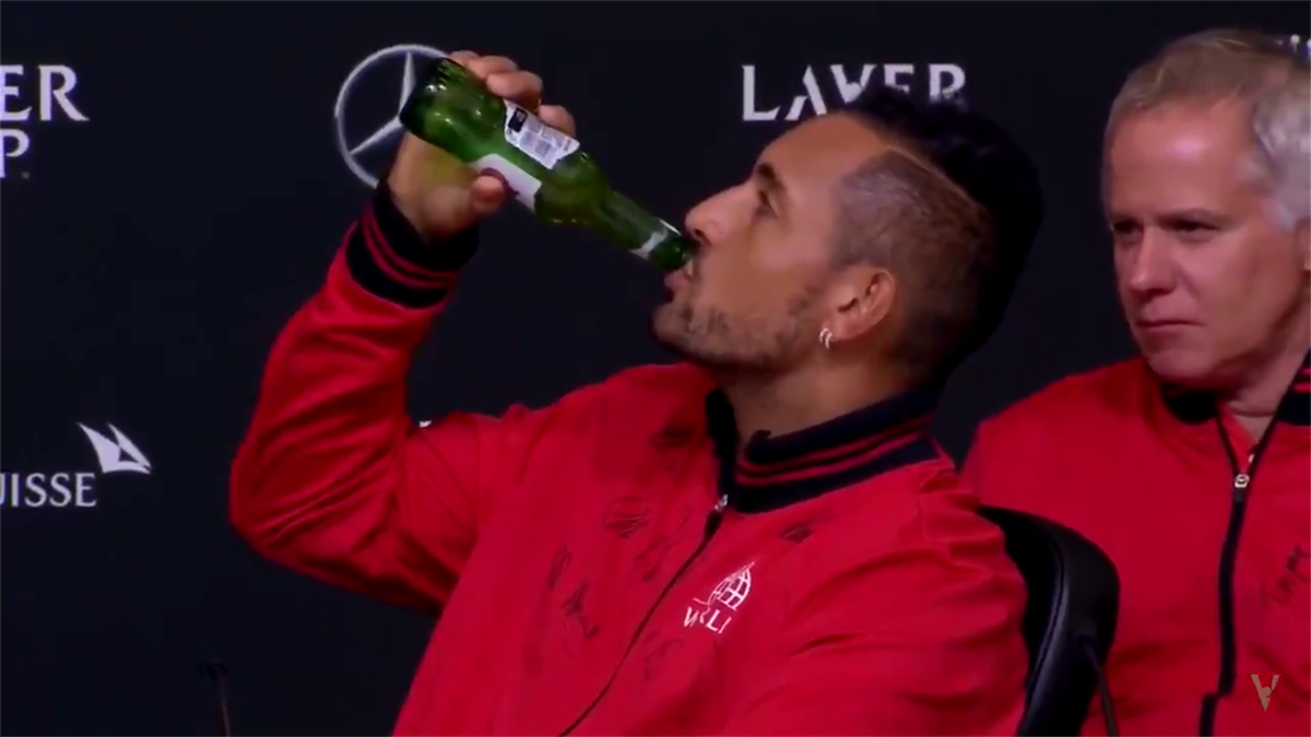Nick Kyrgios during a beer in one shot during press conference