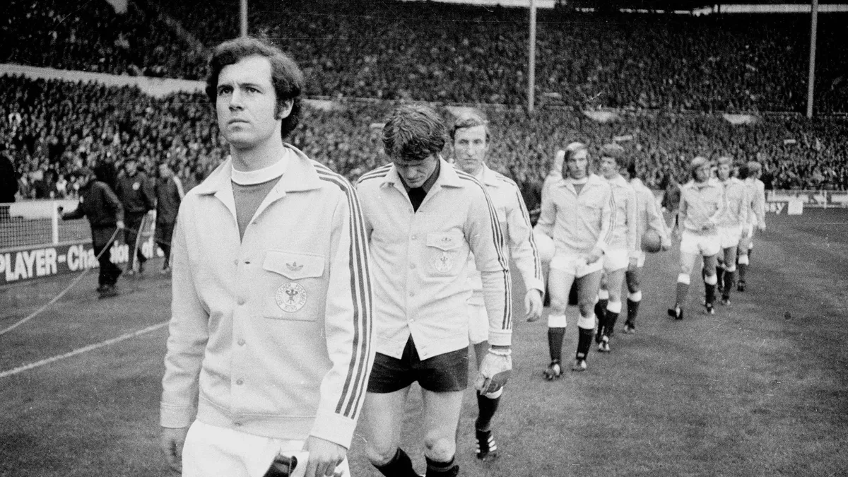 Franz Beckenbauer leads Germany out at Wembley