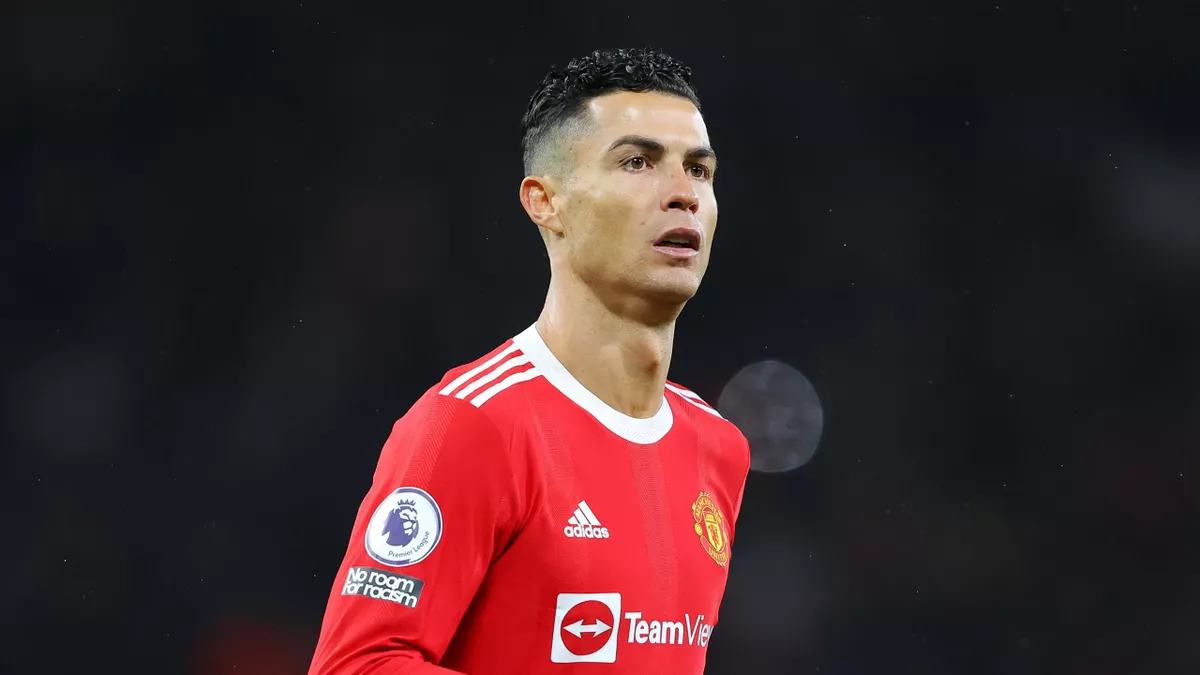Cristiano Ronaldo of Manchester United looks on during the Premier League match between Manchester United and Brighton & Hove Albion at Old Trafford on February 15, 2022 in Manchester, England.