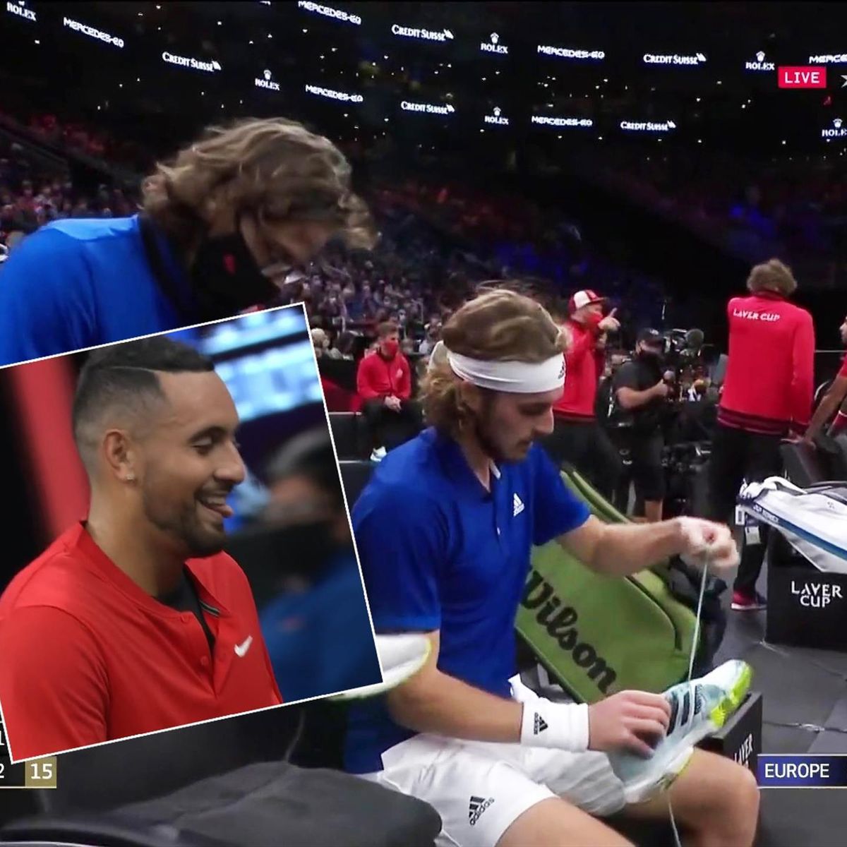 Laver Cup 2021 - Not the best advert - Stefanos Tsitsipas shoe shreds as Nick Kyrgios laughs at delay - Tennis video