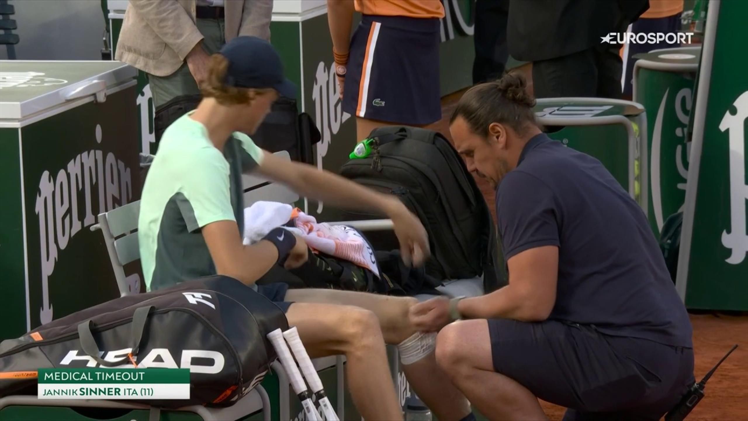 Alarm for Jannik Sinner as Italian takes medical timeout over knee injury against Andrey Rublev at French Open - Tennis video