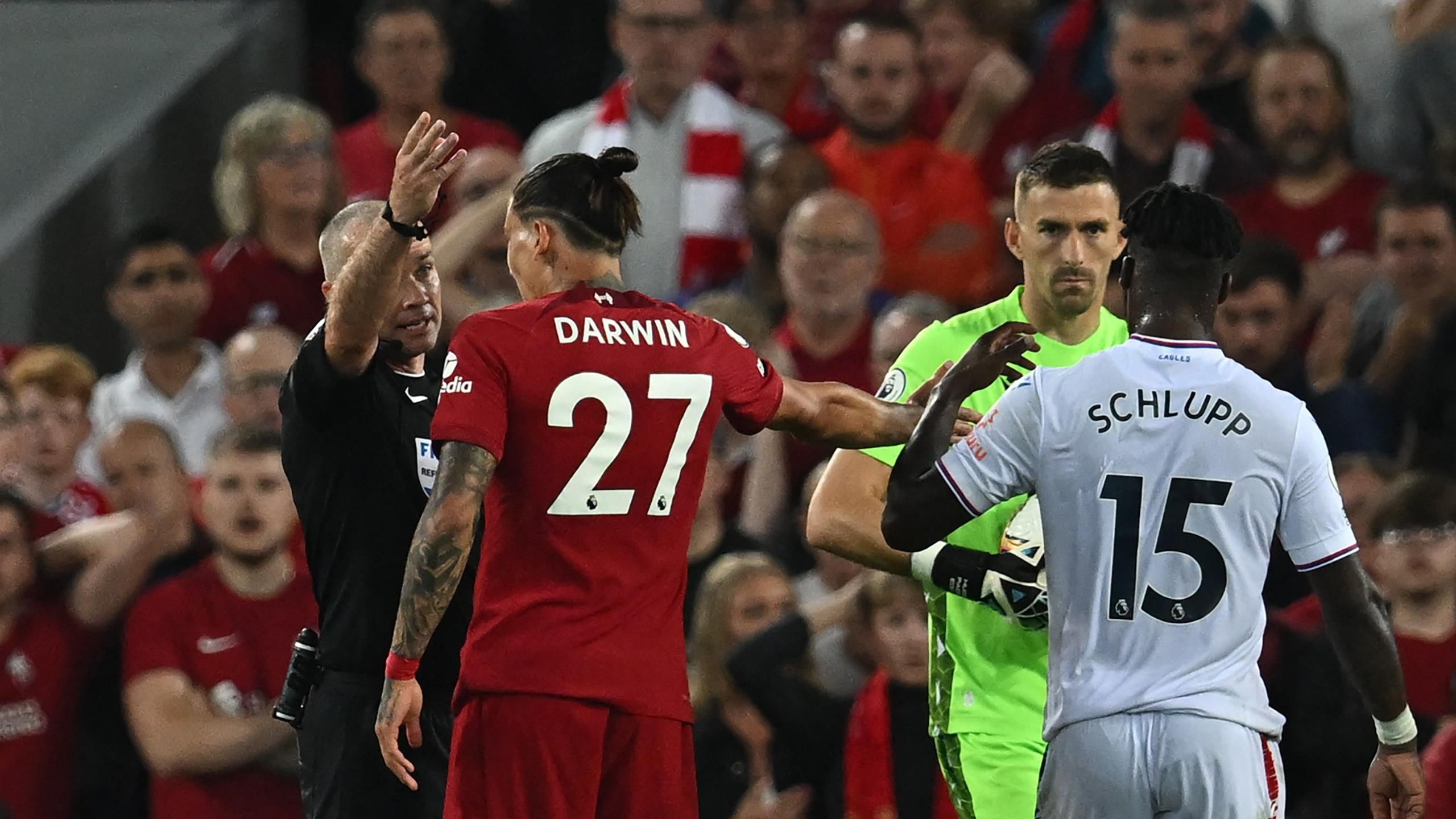 Liverpool 1 1 Crystal Palace Darwin Nunez Gets Sent Off For A Headbutt On His Home Debut As Hosts Are Held Eurosport