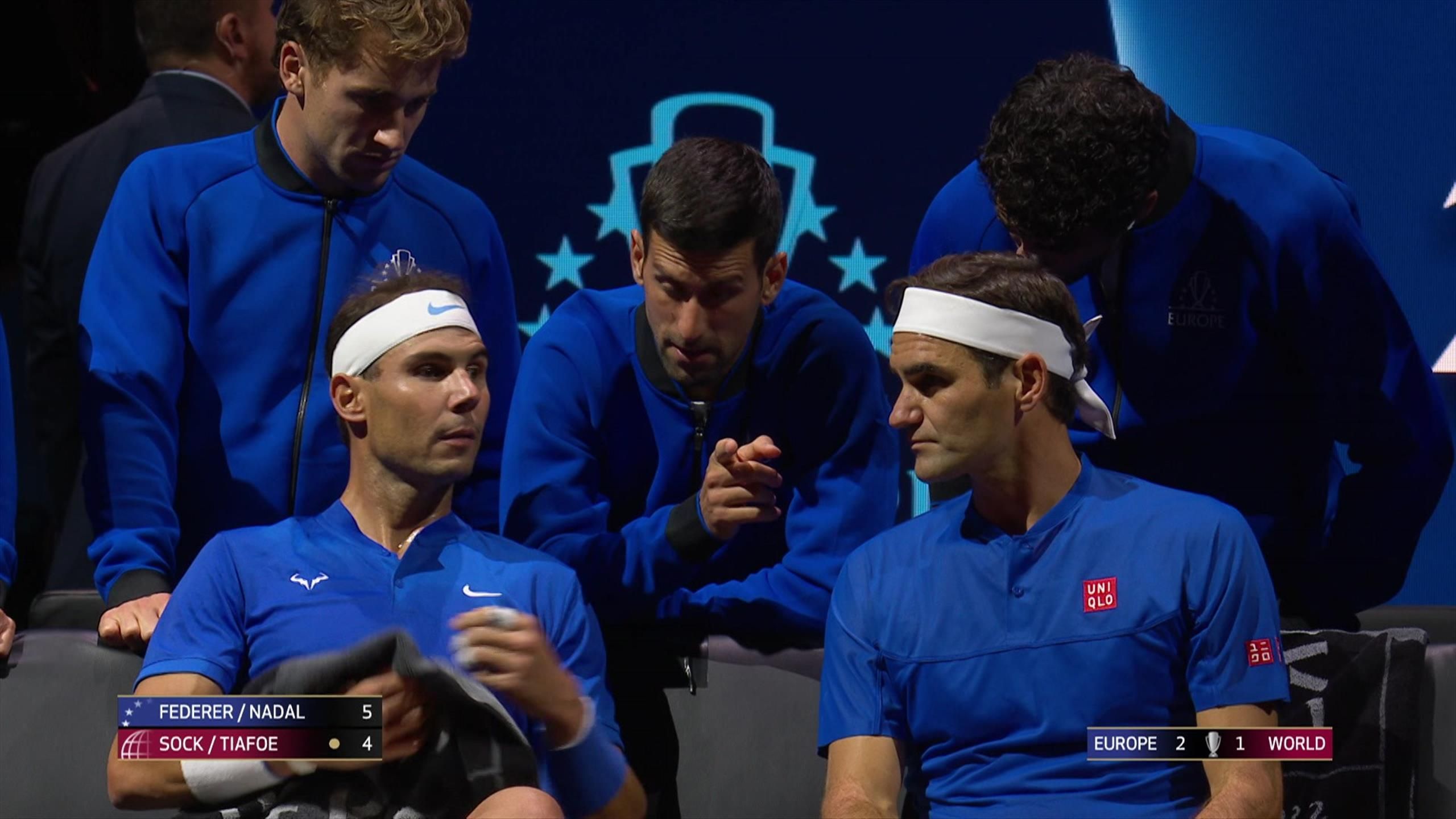 WATCH - Novak Djokovic coaches Roger Federer and Rafael Nadal as GOATs unite in Laver Cup doubles - Tennis video