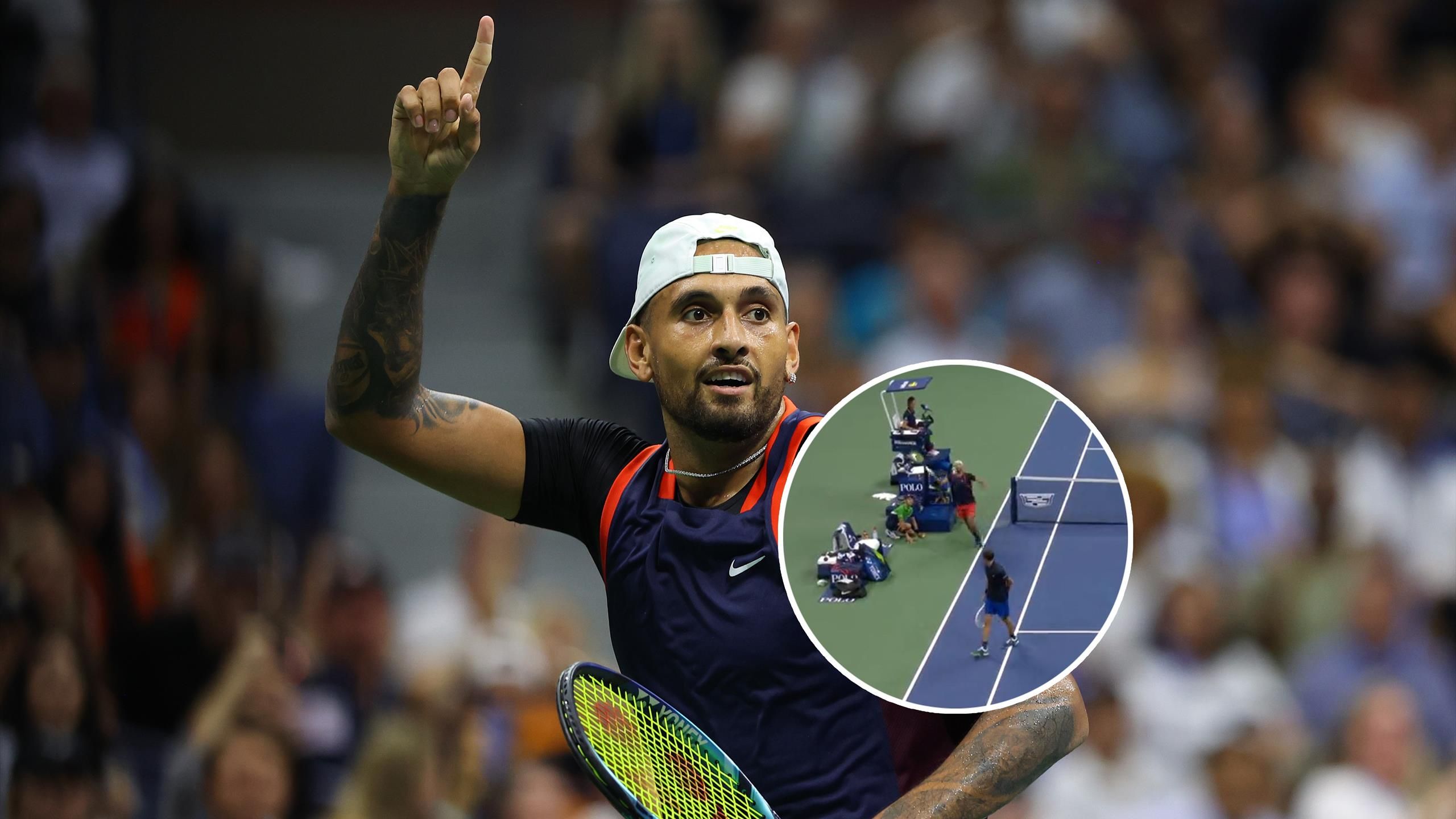 Nick Kyrgios loses point with bizarre boneheaded play after rushing to Daniil Medvedevs side to play shot at US Open