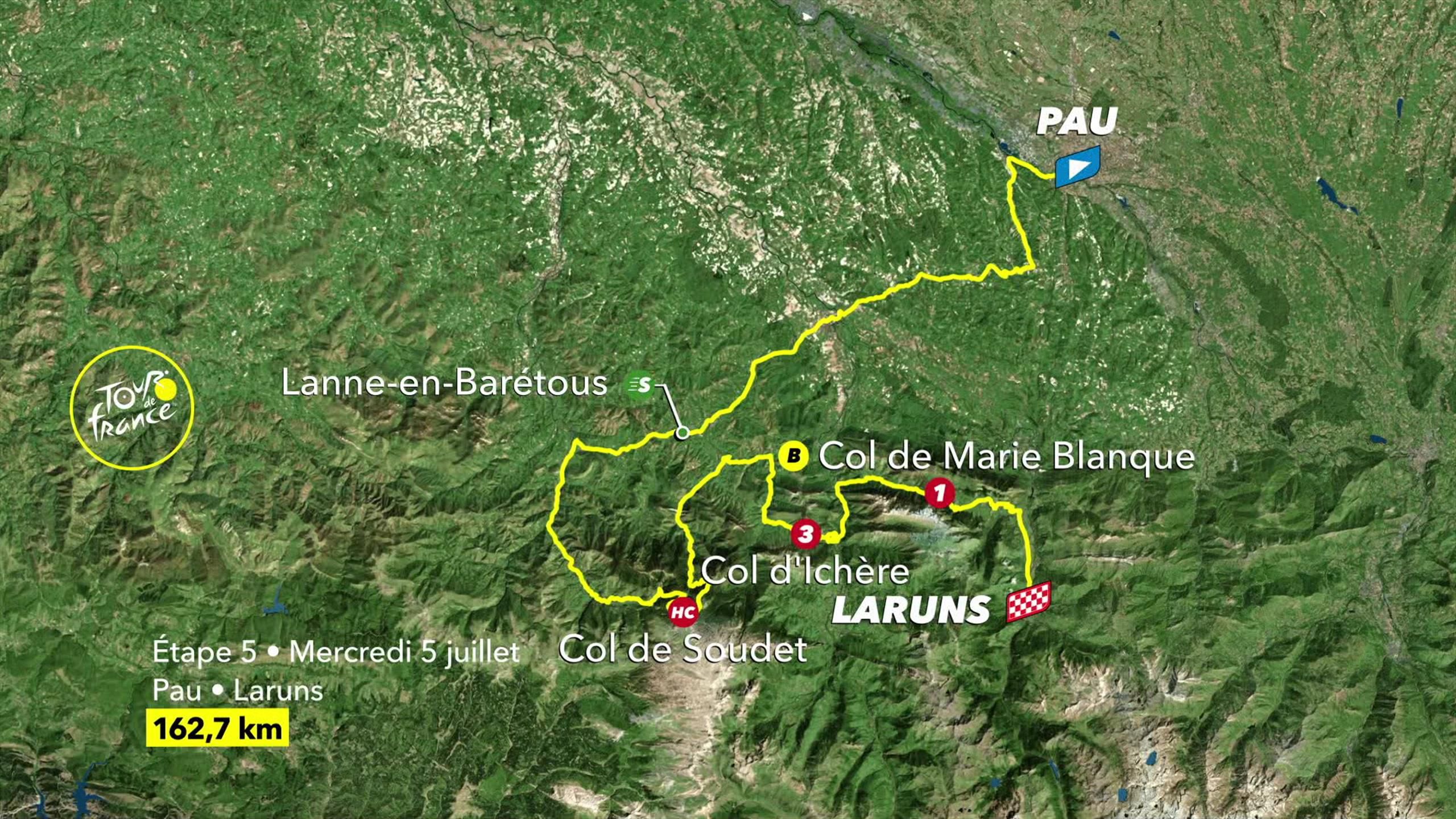 Tour de France - Map of stage 5 - Pau - Laruns (07/05) - Cycling video ...