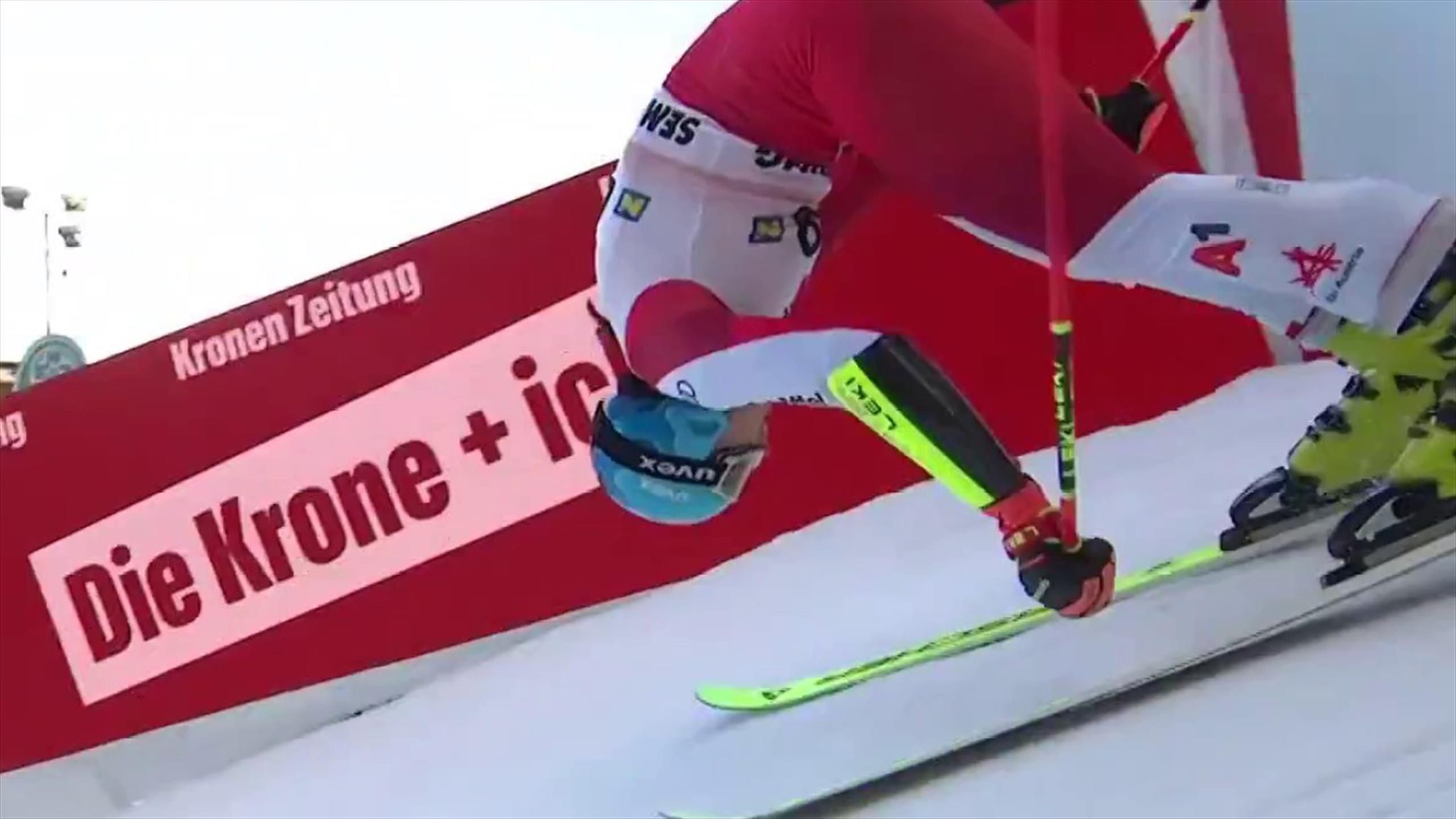 Semmering Riesenslalom Katharina Huber mit Sturz aus dem Starthaus heraus für kuriose