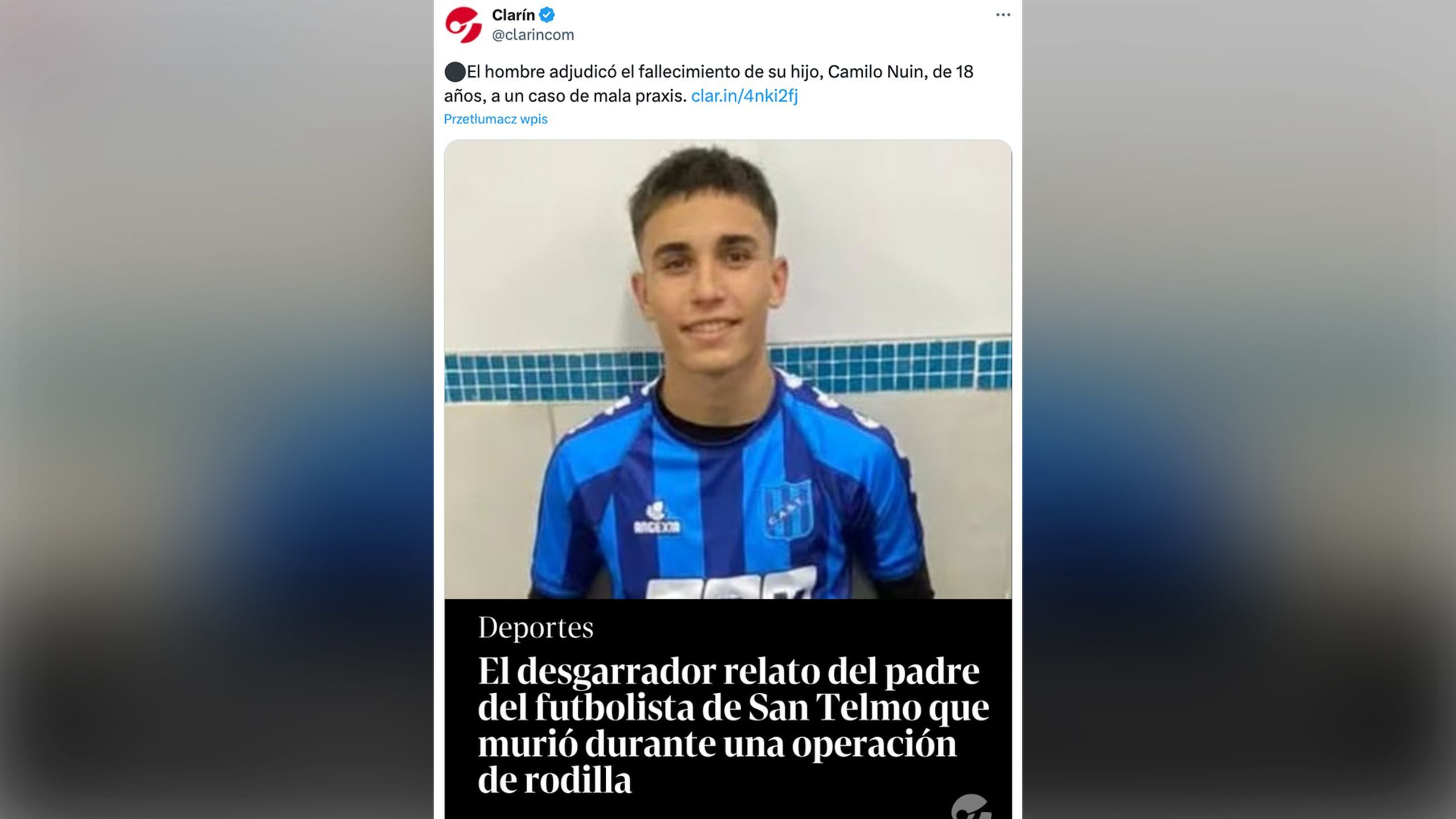 18-letni argentyński piłkarz Camilo Nuin zmarł podczas operacji kolana ...
