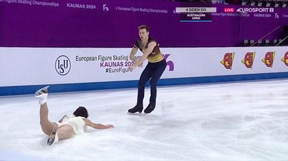 Upadek Camille Kovalev w programie krótkim par sportowych w ME w  łyżwiarstwie figurowym