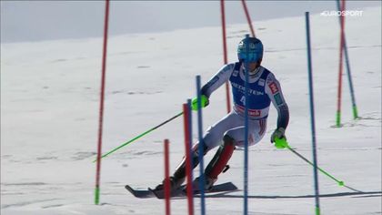 1. przejazd Haugana w slalomie w Saalbach