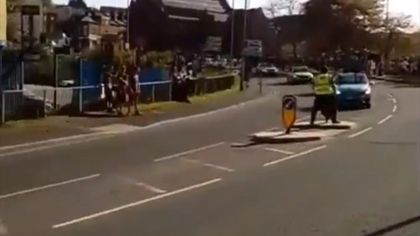 WATCH: Steward just avoids car before it obliterates traffic island in Tour de Yorkshire