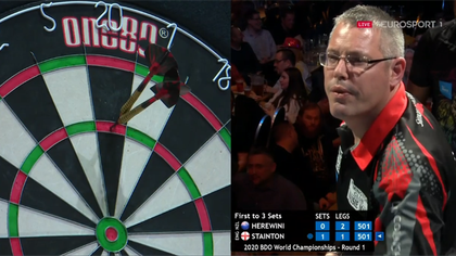 Simon Stainton makes the maximum... much to the delight of the BDO crowd