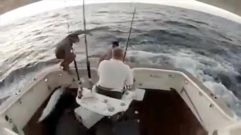 Fisherman leaps from boat after landing huge fish