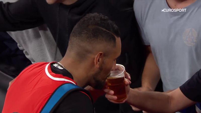 'Adds to the show!' - Kyrgios drinks fan's beer in celebrating victory