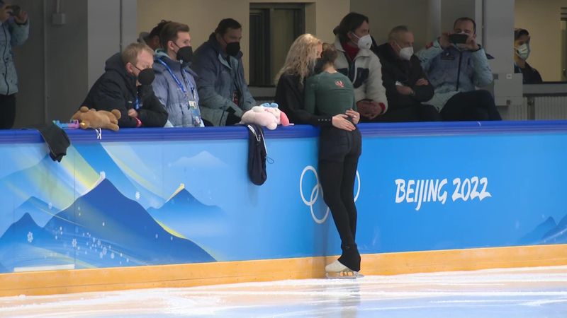 Tearful Valieva pulls to side after fall during figure skating training