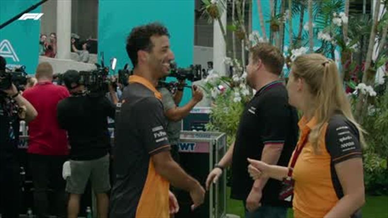 James Corden gatecrashes Ricciardo interview ahead of Miami Grand Prix