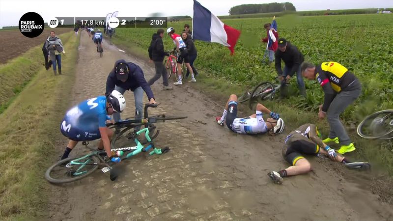 Van Dijk crashes in spectacular fashion on the treacherous Paris-Roubaix cobbles