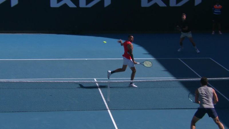 Kyrgios dances to celebrate stunning backhand volley in doubles match
