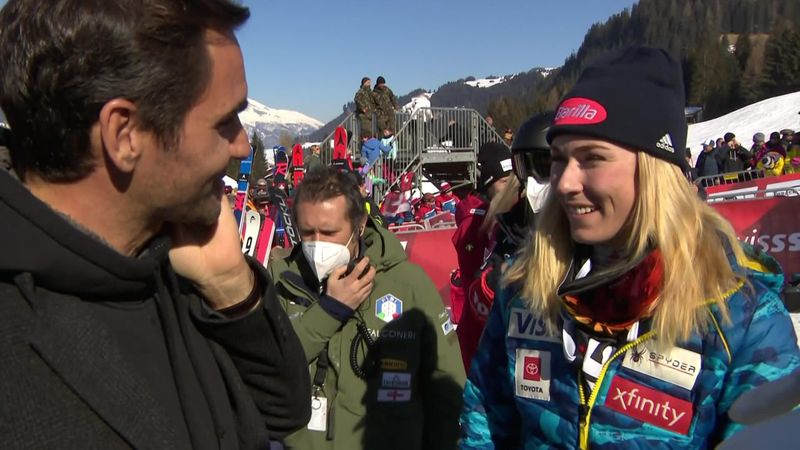 Federer chats with Shiffrin after she takes second place in super-G in Lenzerheide