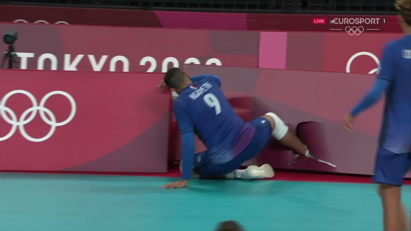 'Nasty!' - Volleyball star gets foot painfully stuck in advertising hoarding