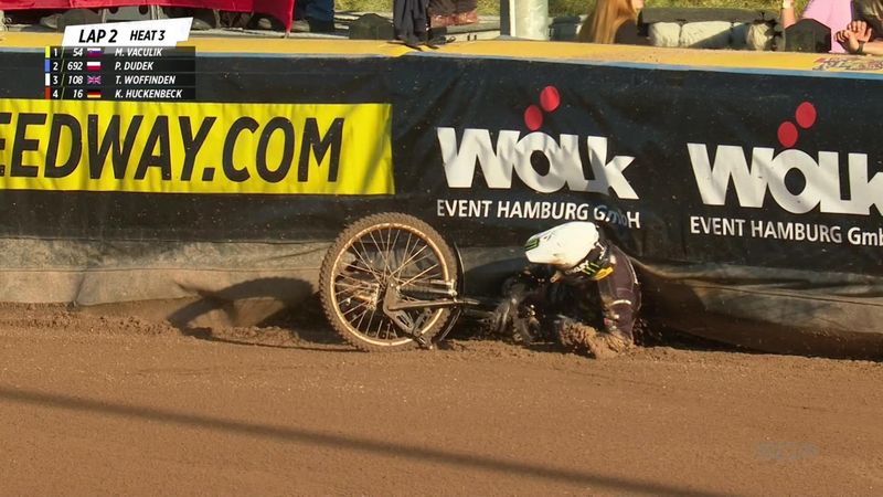 ‘Synchronised crashing’ - Tai Woffinden hits a rut and crashes into the barriers in heat 3