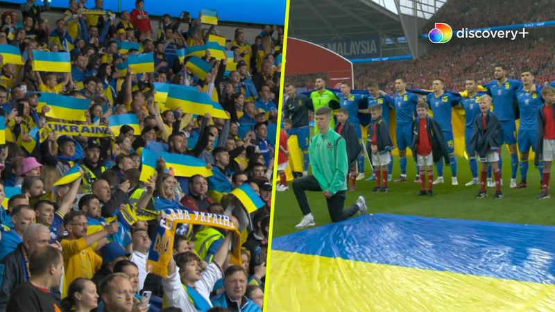 Gyngende lægter og blågule kapper: Se Cardiff City Stadium buldre under ukrainsk nationalmelodi