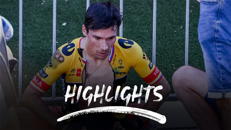 Stage 16 highlights: Dramatic crash for Roglic, Evenepoel punctures, Pedersen wins