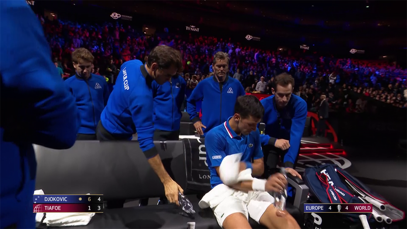 Watch as Federer kindly brings water bottle to Djokovic during Laver Cup match