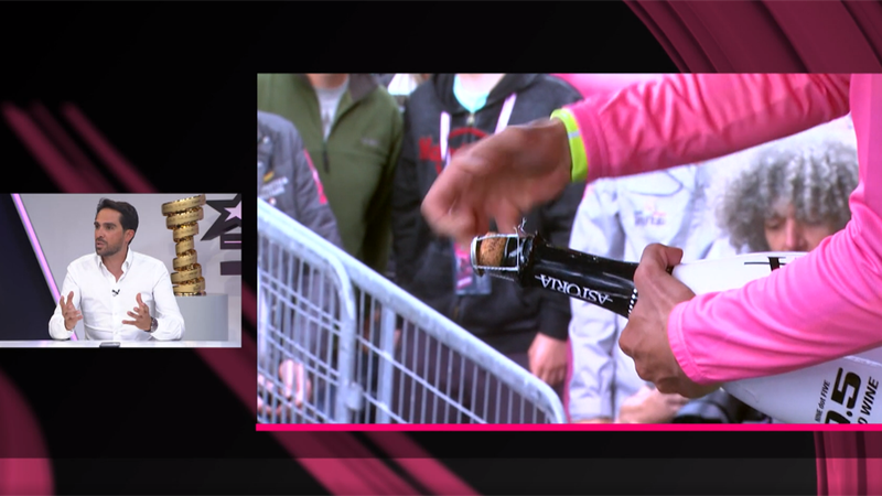 La masterclass de Contador abriendo una botella en el podio: su mejor trago en Aprica 2015